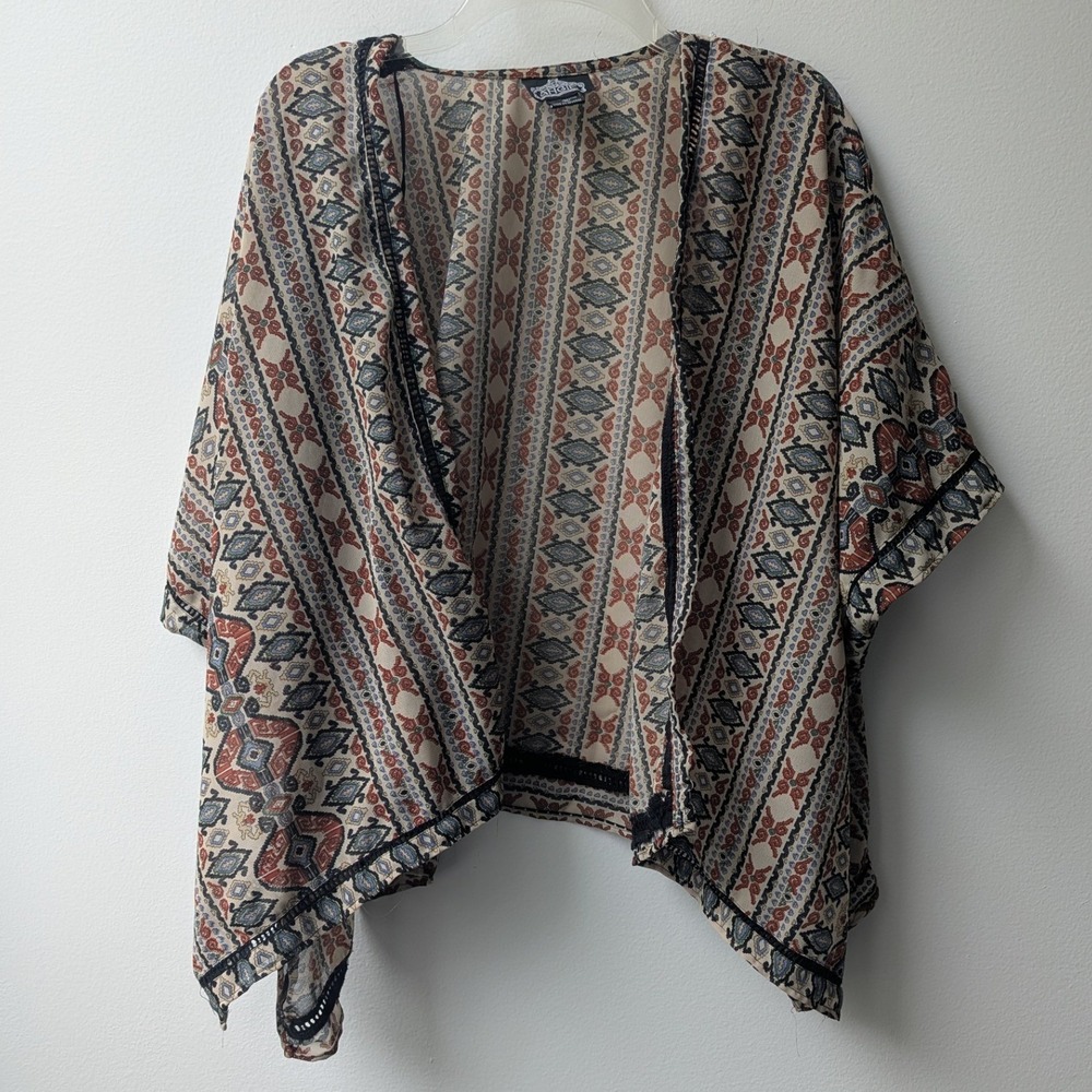 Angie Kimono Multicolor Geometric Tribal Print Open Front Sz M Boho Festival - Picture 3 of 7